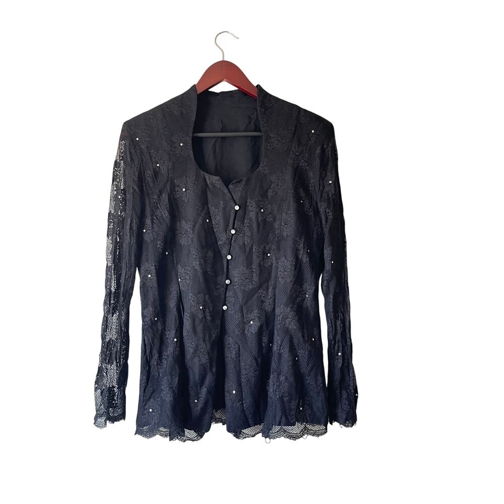 Vintage grunge emo black lace Victorian‎ style blouse with rhinestones large